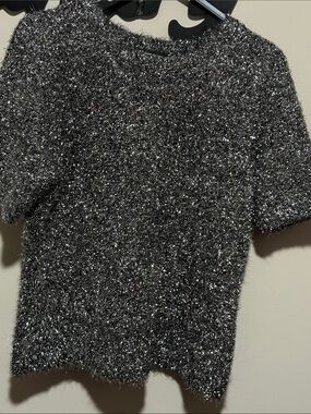 INC International Concepts Metallic Silver Tinsel Knit Top